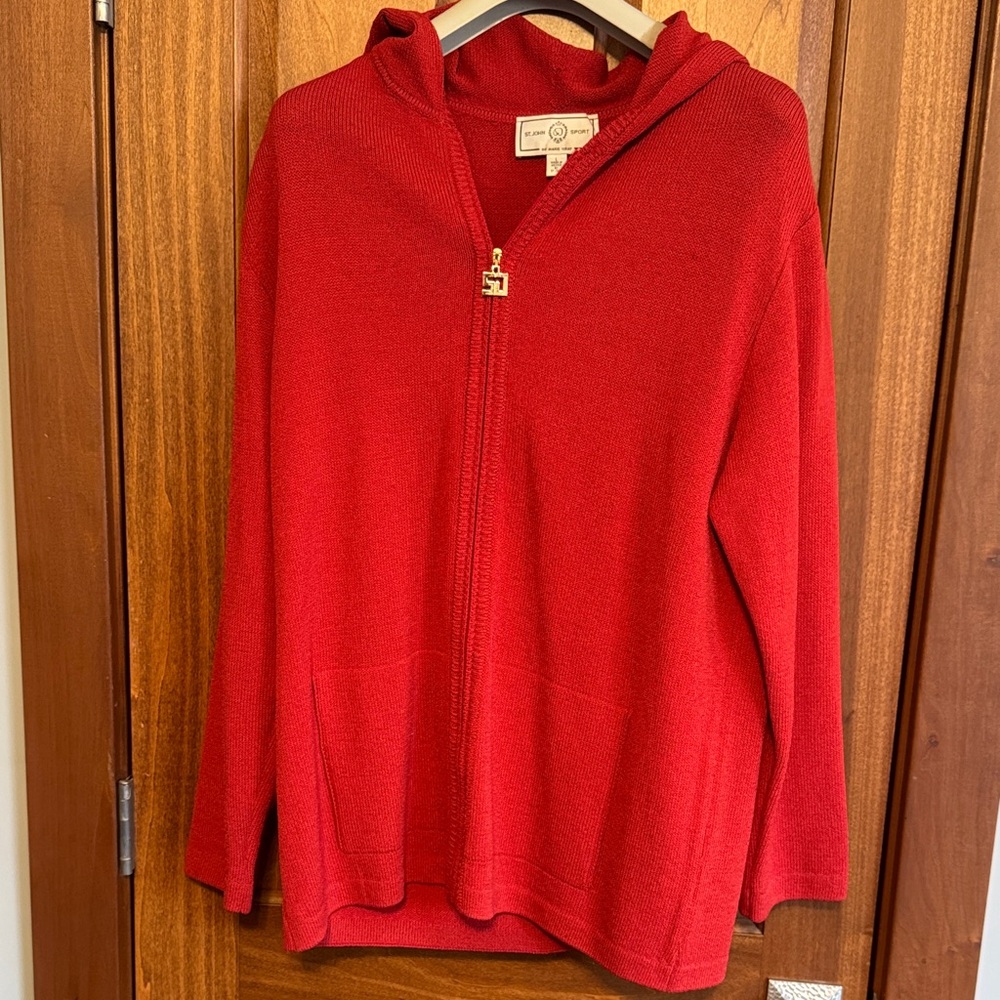 St. John Sport Red Hooded Zip-Up Sweater